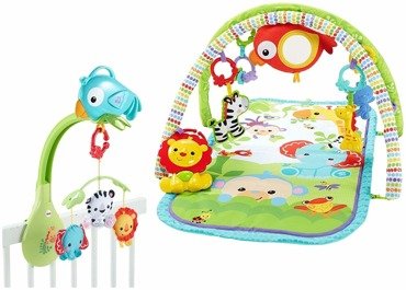 FISHER PRICE AKTYWIZUJĄCA MATA 3W1 Z KARUZELKĄ PRZYJACIELE Z JUNGLI DŹWIĘKI